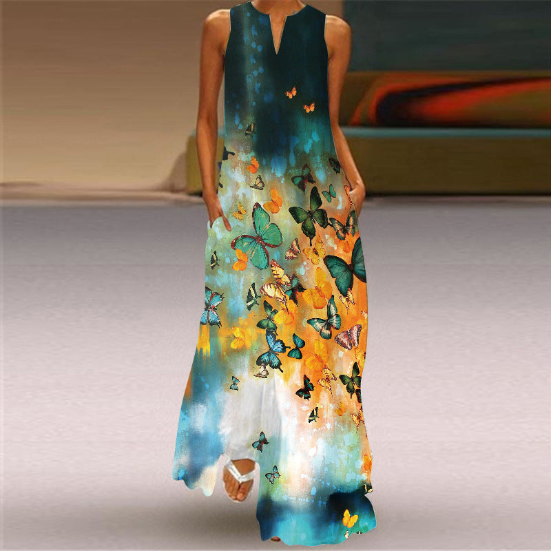 Long Skirt V-Neck Sleeveless Dress With Pockets
