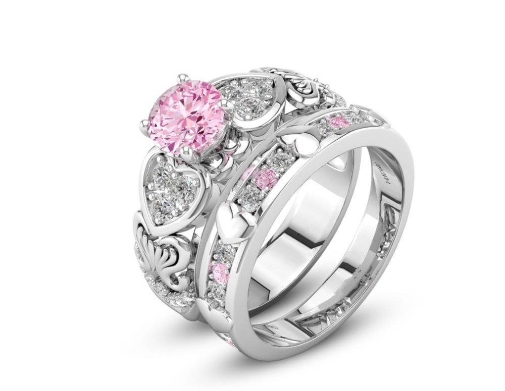 European and American luxury double-layer ring ring High-grade zircon micro-plated white gold ring