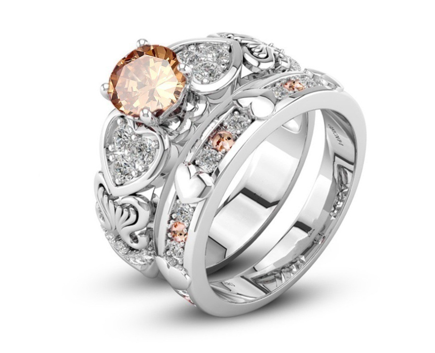 European and American luxury double-layer ring ring High-grade zircon micro-plated white gold ring