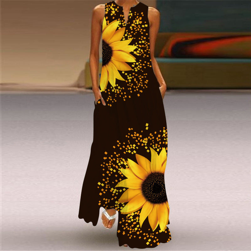 Long Skirt V-Neck Sleeveless Dress With Pockets