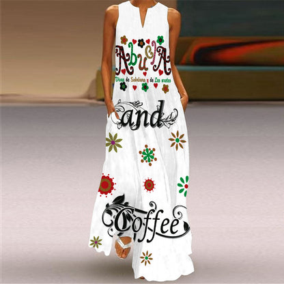 Long Skirt V-Neck Sleeveless Dress With Pockets