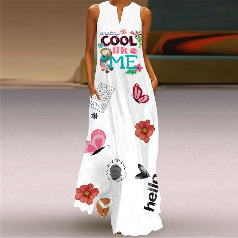 Long Skirt V-Neck Sleeveless Dress With Pockets