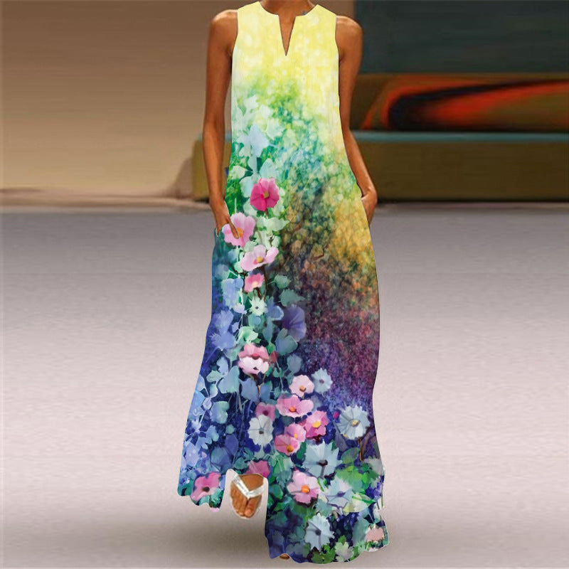 Long Skirt V-Neck Sleeveless Dress With Pockets