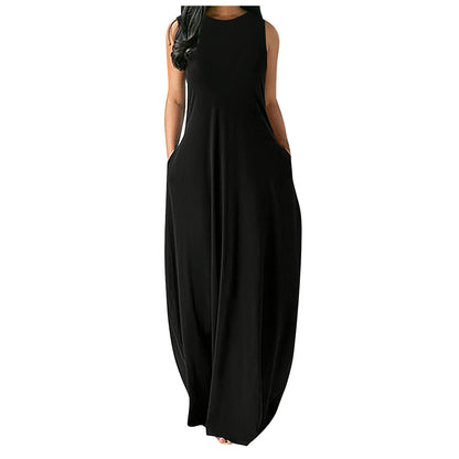 Women's Summer New Style Long Slim Slimming Solid Color Stitching Sleeveless Vest Dress
