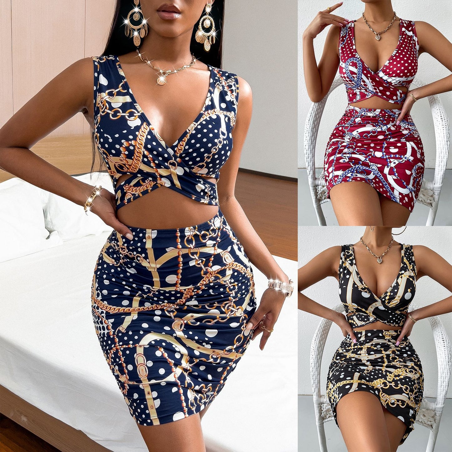 New Women's Bag Hip Strap Print Dress